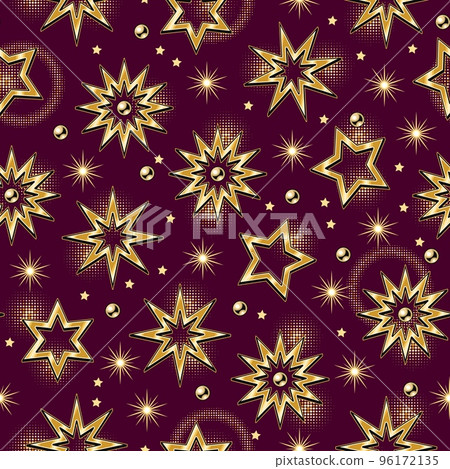 Seamless pattern with big golden stars in vintage style. Gold thick outline with round halftone shapes like stars light effect. Magenta background. Vector illustration Seamless pattern with big golden stars in vintage style. Gold thick outline with round halftone shapes like stars light effect. Magenta background. Vector illustration 96172135