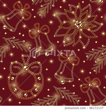 Seamless pattern with christmas bells, wreath, poinsettia, spruce branch of jewelry gold chains, shiny ball beads. Small stars, sparkles on red background For christmas, new year holiday decoration Seamless pattern with christmas bells, wreath, poinsettia, spruce branch of jewelry gold chains, shiny ball beads. Small stars, sparkles on red background For christmas, new year holiday decoration 96172137