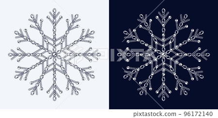 Fancy monochrome snowflake made of jewelry chains with ball beads. Elegant jewel illustration for winter sales, christmas, new year holiday, gift decoration. 96172140