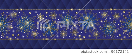 Seamless border with snowflakes made of jewelry gold and silver chains. Shiny sprakle stars on deep blue background. Festive design for Xmas and new year decoration. Blue classic rhombic grid behind Seamless border with snowflakes made of jewelry gold and silver chains. Shiny sprakle stars on deep blue background. Festive design for Xmas and new year decoration. Blue classic rhombic grid behind 96172141