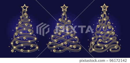 Set of fancy christmas trees made of jewelry gold and silver chains, shiny ball beads, small stars and sparkles Elegant illustration for winter sales, christmas, new year holiday, gift decoration Set of fancy christmas trees made of jewelry gold and silver chains, shiny ball beads, small stars and sparkles Elegant illustration for winter sales, christmas, new year holiday, gift decoration 96172142