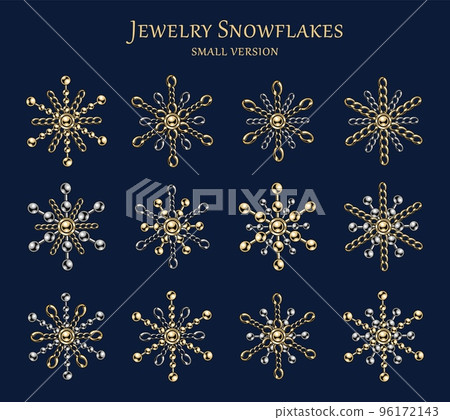 Set of small fancy snowflakes made of jewelry gold, silver chains and shiny ball beads. Elegant jewelry illustration for winter sales, christmas, new year holiday, gift decoration. Set of small fancy snowflakes made of jewelry gold, silver chains and shiny ball beads. Elegant jewelry illustration for winter sales, christmas, new year holiday, gift decoration. 96172143