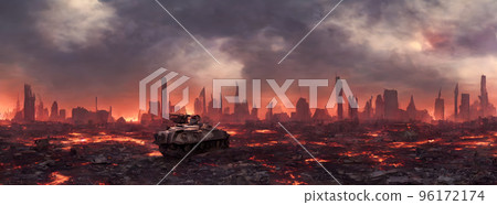 Post apocalypse. Nuclear apocalypse survivor. Ruined Cityscape. Concept. Banner size. Header 96172174