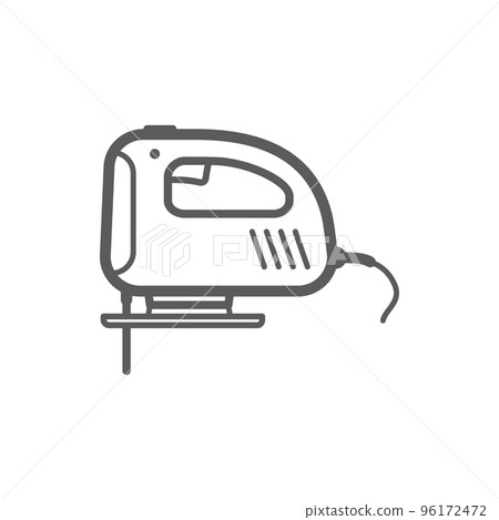 Electric jig saw machine isolated outline icon. Vector electric fretsaw, professional handicraft and wood cutting tool monochrome linear symbol. Device cutting wood and planks, line art instrument 96172472