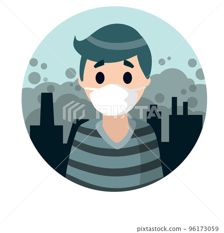 Man with medical mask on face. Protection from stink, smoke and smog. 96173059