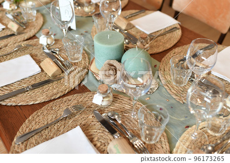 Wedding table decoration.Wedding rustic style. with candles Wedding table decoration.Wedding rustic style. with candles 96173265