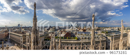 Milan, Italy. Panoramic view from Duomo Cathedral terraces, terrazze del Duomo. Milan, Italy. Panoramic view from Duomo Cathedral terraces, terrazze del Duomo. 96173281