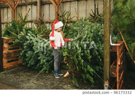 A girl chooses a christmas tree for sale at a shop 96173332