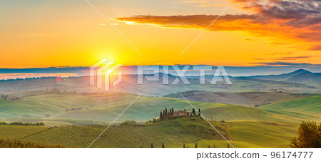 Tuscany landscape at spring foggy sunrise 96174777