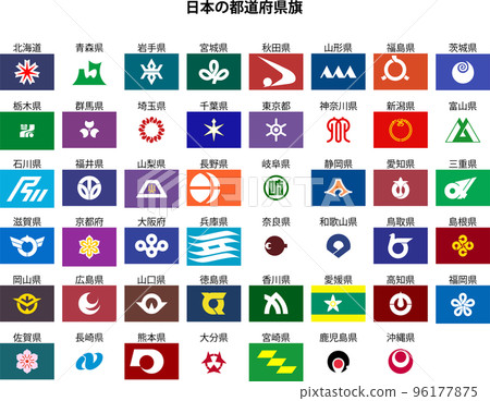 Japanese prefectures and flags, white background 96177875