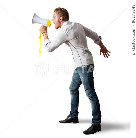 Boy screaming on the megaphone Boy screaming on the megaphone 96178249