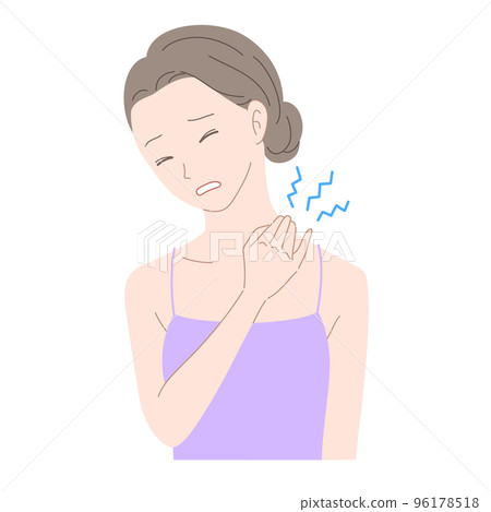 一個女人帶著痛苦的表情抱著她的肩膀的插圖素材 96178518