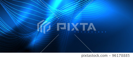 Techno neon wave lines, dynamic electric motion, speed concept. Templates for wallpaper, banner, background, landing page, wall art, invitation, prints 96178885