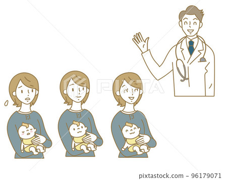 年輕母親、醫生和嬰兒的面部表情模式插圖集 年輕母親、醫生和嬰兒的面部表情模式插圖集 96179071