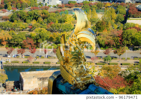 Osaka City, Osaka Prefecture Golden shachihoko on the roof of the Osaka Castle tower Osaka City, Osaka Prefecture Golden shachihoko on the roof of the Osaka Castle tower 96179471