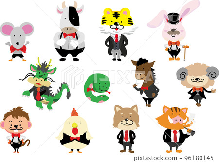 Illustration set of cute zodiac characters wearing suits and bow ties that can be used for New Year's cards 96180145