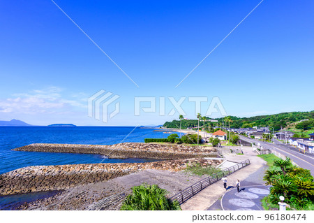 Scenery around Amakusa Ariake Octopus Highway in the background of a beautiful summer sky "Michi-no-Eki Ariake (Ripple Land)" tourist attraction 96180474