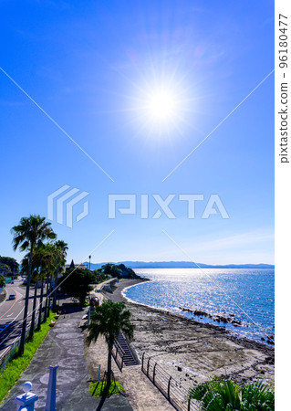 Scenery around Amakusa Ariake Octopus Highway in the background of a beautiful summer sky "Michi-no-Eki Ariake (Ripple Land)" tourist attraction 96180477