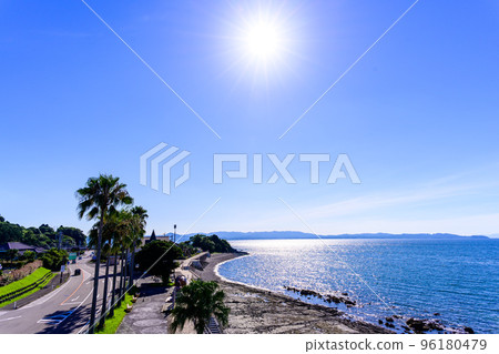 Scenery around Amakusa Ariake Octopus Highway in the background of a beautiful summer sky "Michi-no-Eki Ariake (Ripple Land)" tourist attraction 96180479