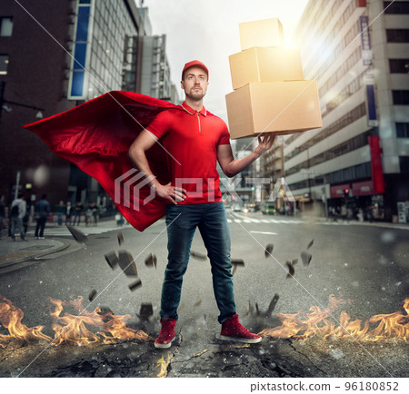 Courier acts like a powerful superhero in a city with skyscrapers. Concept of success and guarantee on shipment 96180852