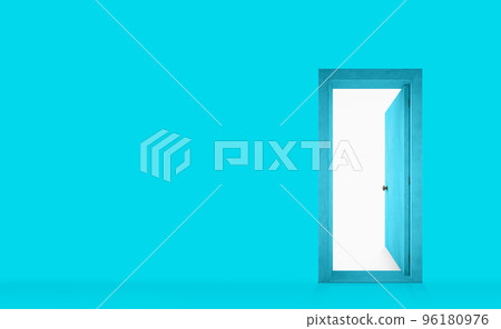Cyan painted wall with an open door on the right 96180976