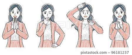 A woman in a business jacket Upper body illustration set of facial poses (noticing, thinking, shock, admiration) 96181237