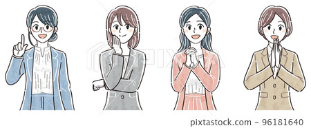 Business woman upper body illustration set of facial poses (explain, think, adore, clap hands) Business woman upper body illustration set of facial poses (explain, think, adore, clap hands) 96181640
