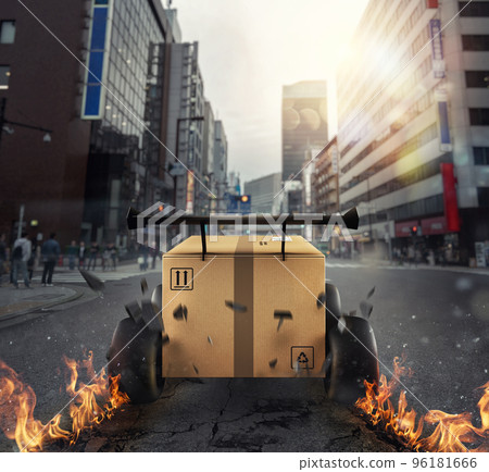 Priority Cardboard box with racing wheels that run in the city like a car. Fast shipping by road. 96181666