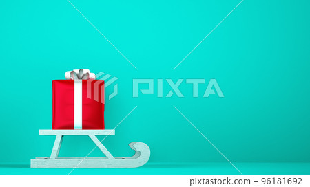 Red gift package on Christmas sleigh with cyan background 96181692