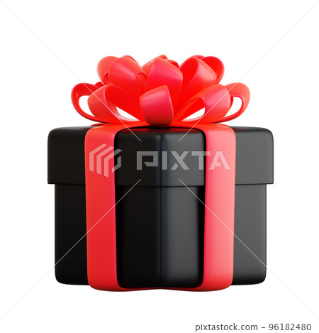 Realistic black gift box with red ribbon bow. Concept of abstract holiday, birthday, Christmas or Black Friday present or surprise. 3d high quality isolated render 96182480