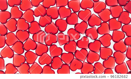 St Valentines day transparent red background full frame. Many glass hearts flat lay. Love or wedding cover concept 96182682