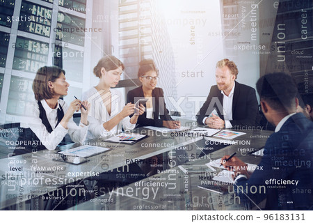 Team of people work together. concept of teamwork and partnership. Most important business terms in overlay Team of people work together. concept of teamwork and partnership. Most important business terms in overlay 96183131