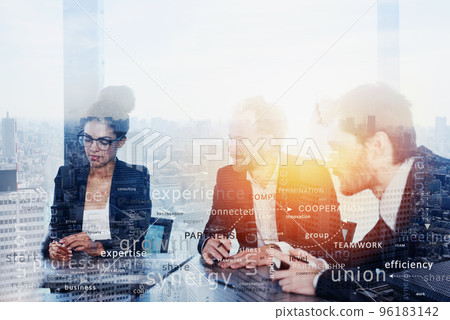 Team of people work together. concept of teamwork and partnership. Most important business terms in overlay Team of people work together. concept of teamwork and partnership. Most important business terms in overlay 96183142