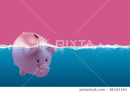 Lonely piggy bank sails in bad waters due to the crisis 96183164