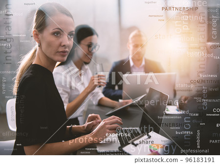 Team of people work together. concept of teamwork and partnership. Most important business terms in overlay Team of people work together. concept of teamwork and partnership. Most important business terms in overlay 96183191