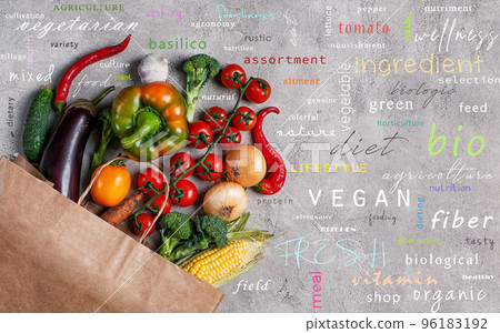 Healthy background of vegetable. Concept of genuine food with most popular terms Healthy background of vegetable. Concept of genuine food with most popular terms 96183192