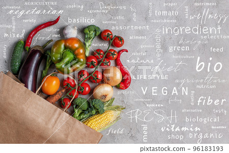 Healthy background of vegetable. Concept of genuine food with most popular terms Healthy background of vegetable. Concept of genuine food with most popular terms 96183193