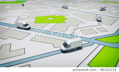 Trucks on a road city map. Concept of global shipment and GPS tracking Trucks on a road city map. Concept of global shipment and GPS tracking 96183214
