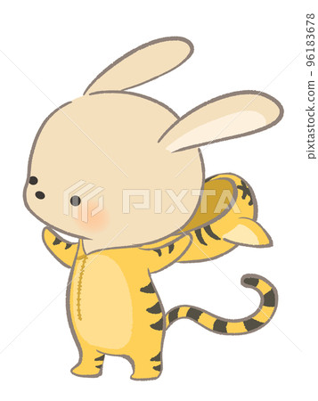 Illustration of a rabbit wearing a tiger costume with lines 96183678