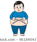 Illustration of a man measuring his waist (diet) 96184043