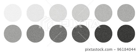 Round shaped dotted objects, stipple elements. Fading gradient. Stippling, dotwork drawing, shading using dots. Pixel disintegration, halftone effect. White noise grainy texture. Vector illustration Round shaped dotted objects, stipple elements. Fading gradient. Stippling, dotwork drawing, shading using dots. Pixel disintegration, halftone effect. White noise grainy texture. Vector illustration 96184044