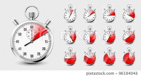 Realistic classic stopwatch icons. Shiny metal chronometer, time counter with dial. Red countdown timer showing minutes and seconds. Time measurement for sport, start and finish. Vector illustration Realistic classic stopwatch icons. Shiny metal chronometer, time counter with dial. Red countdown timer showing minutes and seconds. Time measurement for sport, start and finish. Vector illustration 96184048
