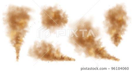 Realistic dust clouds isolated on white background. Sand storm with dirt particles, polluted dirty brown air, smog. Vector illustration Realistic dust clouds isolated on white background. Sand storm with dirt particles, polluted dirty brown air, smog. Vector illustration 96184060
