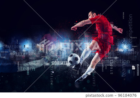Football scene of a soccer player in action. Text effect in overlay with the most used terms. Abstract background 96184076
