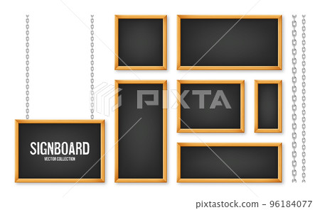Signboards in a wooden frame hanging on a metal chain. Restaurant menu board. School chalkboard, writing surface for text or drawing. Blank advertising or presentation boards. Vector illustration Signboards in a wooden frame hanging on a metal chain. Restaurant menu board. School chalkboard, writing surface for text or drawing. Blank advertising or presentation boards. Vector illustration 96184077