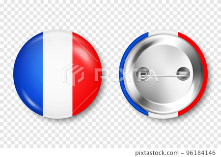 Realistic button badge with printed French flag. Souvenir from France. Glossy pin badge with shiny metal clasp. Product mockup for advertising and promotion. Vector illustration 96184146