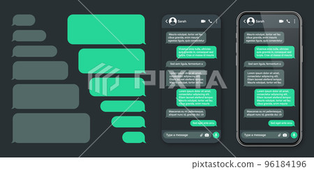 Realistic smartphone with messaging app. SMS text frame. Conversation chat screen with green message bubbles and placeholder text. Dark mode. Social media application. Vector illustration 96184196