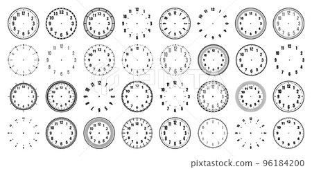 Mechanical clock faces with arabic numerals, bezel. Watch dial with minute, hour marks and numbers. Timer or stopwatch element. Blank measuring circle scale with divisions. Vector illustration 96184200