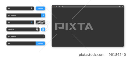 Blank internet browser window with various search bar templates, dark mode. Web site engine with search box, address bar and text field. UI design, website interface elements. Vector illustration 96184240