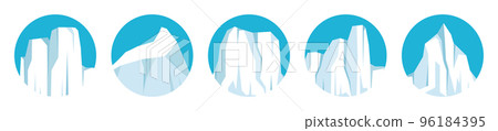 Floating icebergs collection. Drifting arctic glacier, block of frozen ocean water. Icy mountains with snow. Melting ice peak. Antarctic snowy landscape. South and North Pole. Vector illustration. 96184395